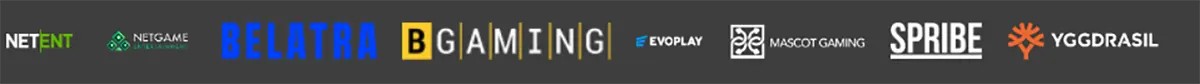 Row of casino game provider logos including NetEnt, NetGame, Belatra, BGaming, Evoplay, Mascot Gaming, Spribe, and Yggdrasil.