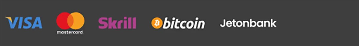 Row of supported payment method logos including Visa, Mastercard, Skrill, Bitcoin, and Jetonbank on a dark background.
