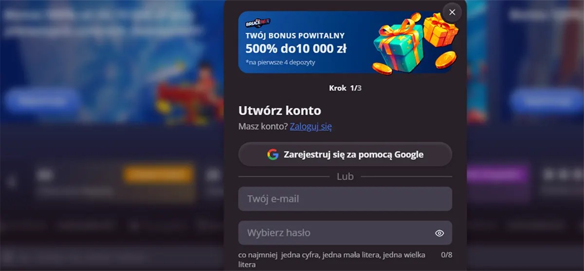 Casino sign-up popup showing a welcome bonus of 500% up to 10,000 PLN for the first four deposits, with gift boxes and coins illustration, step 1 of registration, Google sign-up option, and email and password fields.
